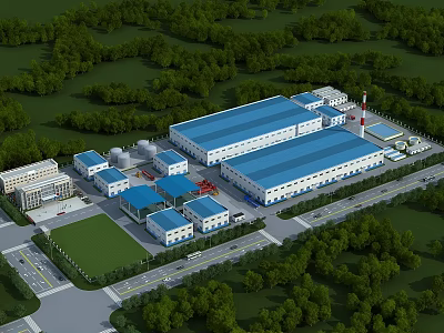 Industrial Factory Complex With Multiple Buildings Blue Roofs And Green Surrounding Trees 3d model
