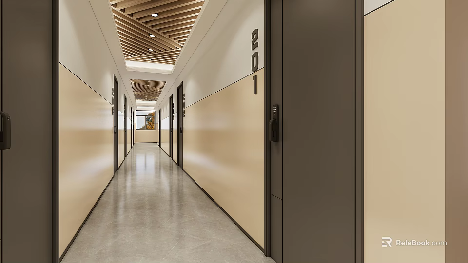 Modern Elevator Hallway With Wooden Ceiling Slats Beige Walls Dark Door Frames And Gray Floor 3d model 