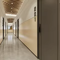 Modern Elevator Hallway With Wooden Ceiling Slats Beige Walls Dark Door Frames And Gray Floor