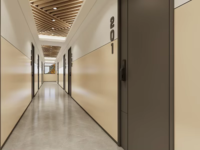 Modern Elevator Hallway With Wooden Ceiling Slats Beige Walls Dark Door Frames And Gray Floor 3d model