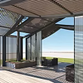 Modern Outdoor Pergola With Glass Panels Wooden Structure Stone Path And Green Lawn