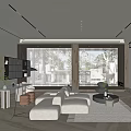 Modern Living Dining Room Interior With Open Concept Large Windows Beige Sofa And Fireplace