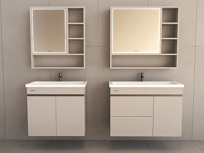Modern Double Bathroom Vanities With Mirrors Shelves White Cabinetry Gray Wall 3d model