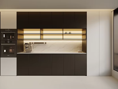Modern Kitchen Sideboard With Black Cabinetry Marble Countertop Built-in Appliances And Lighting 3d model