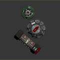 Futuristic Tactical Weapon Equipment Featuring Green Cylindrical Hexagonal Spherical And Wheeled Base With Orange Lights