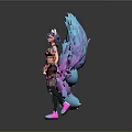 Game Movie Character With Fox Ears And Blue Purple Gradient Tails In Colorful Outfit