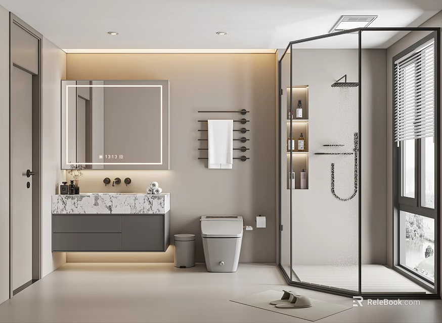 Modern Bathroom With Large Mirror Marble Vanity Smart Toilet And Glass Shower 3d model 