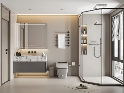 Modern Bathroom With Large Mirror Marble Vanity Smart Toilet And Glass Shower 3d model