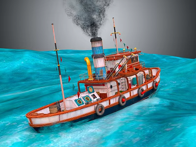 Vintage Steamship Sailing On Blue Sea With Smoking Chimney Flags And Lifebuoys 3d model