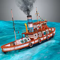 Vintage Steamship Sailing On Blue Sea With Smoking Chimney Flags And Lifebuoys