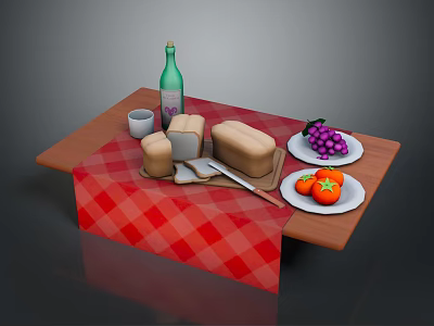 Food Spread with Bread Cheese Grapes Tomatoes Green Bottle and Cup on Red Checkered Tablecloth 3d model