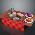 Food Spread with Bread Cheese Grapes Tomatoes Green Bottle and Cup on Red Checkered Tablecloth