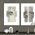Ink Wash Style Decorative Paintings Hanging On Gray Wall With Modern Decorations
