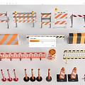 Different Types of Traffic Barriers with Orange White Stripes and Road Cones