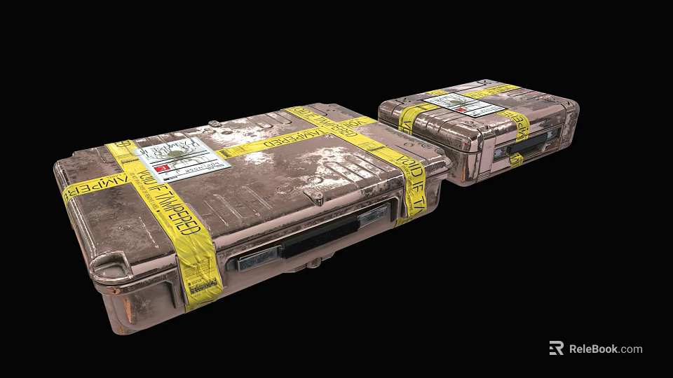 Two Vintage Worn Cases With Yellow Tape Labels And Scratched Surface Texture 3d model