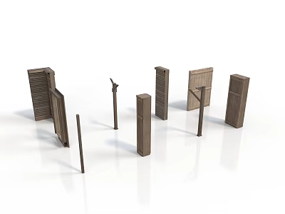 Wooden Construction Components Including Posts Panels And Louvered Structures Displayed On White Background 3d model