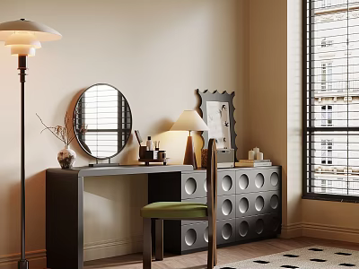 Stylish Dressing Table With Round Mirror Green Stool And Circular Hole Cabinets 3d model