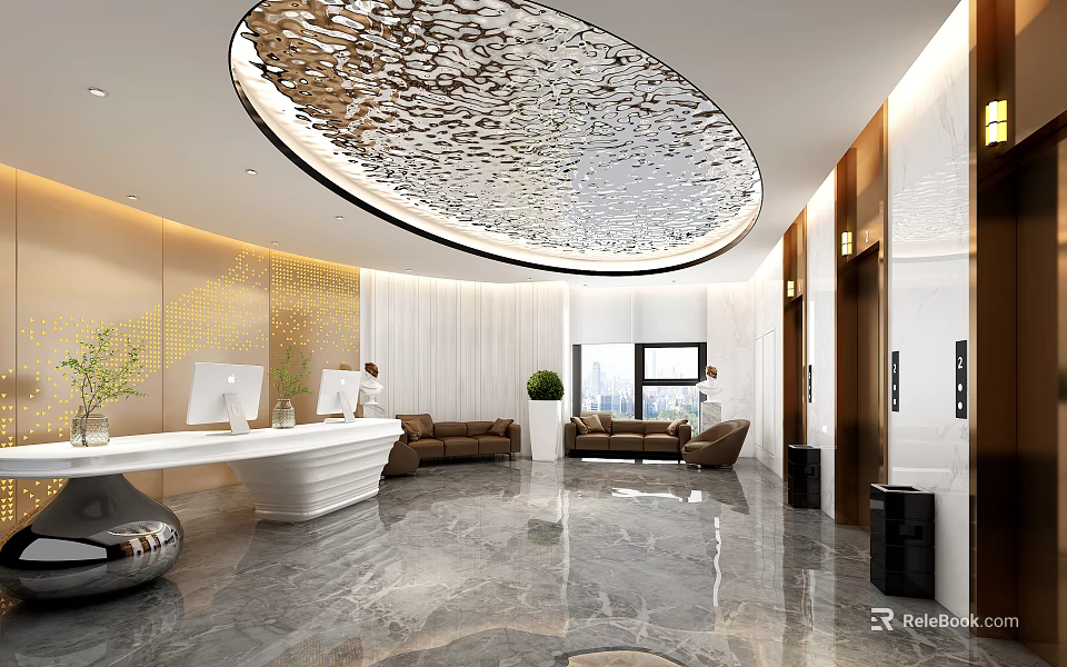 Modern Front Desk Reception Area With Marble Flooring Circular Ceiling And Sofa Seating 3d model