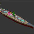 Detailed Warship Model With Gray Deck Red Hull And Naval Cannons