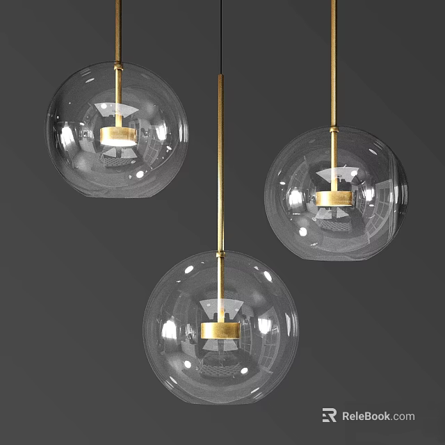 Three Transparent Glass Globe Pendant Lights With Golden Metal Rod And Modern Design 3d model 