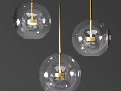 Three Transparent Glass Globe Pendant Lights With Golden Metal Rod And Modern Design 3d model