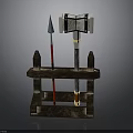 Medieval Wooden Rack With Red Shaft Spear Metal Axe And Hammer Tools