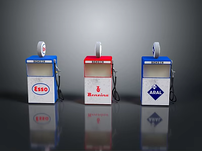 Vintage Fuel Dispenser Models Featuring Esso Benzina And Agip Logos On 3d model