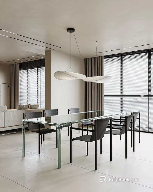Modern Restaurant Interior With Glass Dining Table Black Chairs White Pendant Lights And Large Windows 3d model 