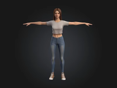 3D Female Model Wearing Gray Top Blue Jeans White Sneakers Arms Outstretched Black Background 3d model