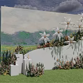 Outdoor Floral Backdrop With Large White Flowers Surrounding Plants Grassland And Sky Clouds