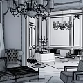 Elegant Grey Open Plan Living And Dining Room With Luxury Chandeliers And Comfortable Sofas
