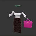 Women's Fashion Outfit With White Ruffle Sleeve Top Black Sequin Skirt Pink Handbag And Sunglasses