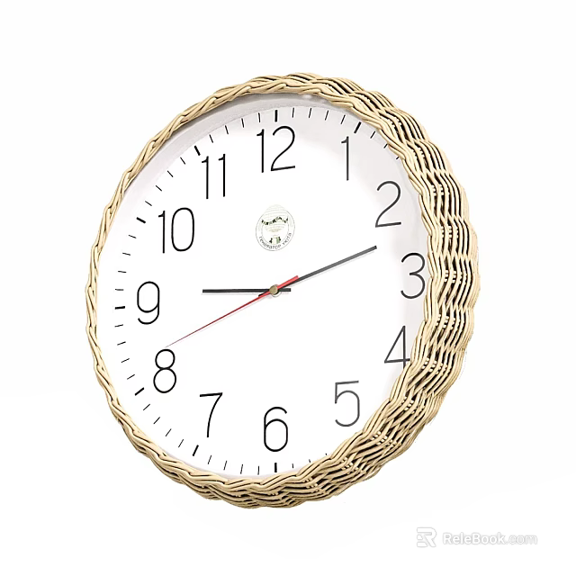Decorative Wall Clock with Golden Wicker Frame White Dial Black Numbers and Hands 3d model 