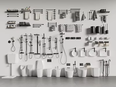 Complete Modern Bathroom Set Including Toilets Sinks Shower Fixtures Towel Racks And Shelves 3d model