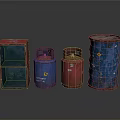 Industrial Equipment Including Red Blue Storage Containers Gas Cylinders And Oil Drum