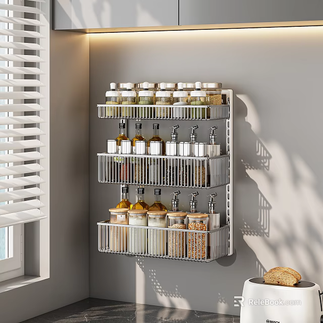 Modern Kitchen Wall Mounted Rack With Organized Spice And Condiment Bottles 3d model