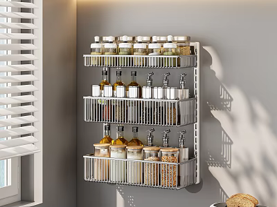 Modern Kitchen Wall Mounted Rack With Organized Spice And Condiment Bottles 3d model