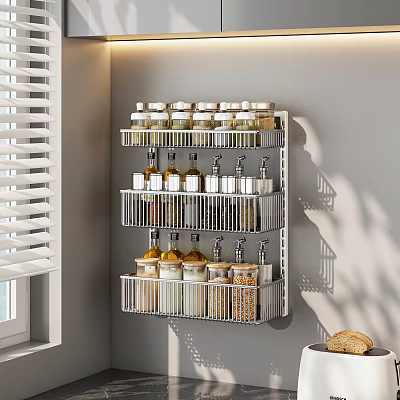 Modern Kitchen Wall Mounted Rack With Organized Spice And Condiment Bottles 3d model