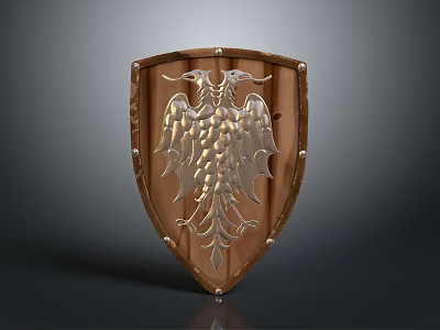 Medieval Wooden Shield with Double Headed Eagle Metal Emblem and Brass Rivets on Edge 3d model