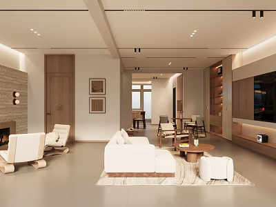 Modern Living Room Interior Design With White Sofa Wooden Elements Fireplace TV Wall And Rug 3d model