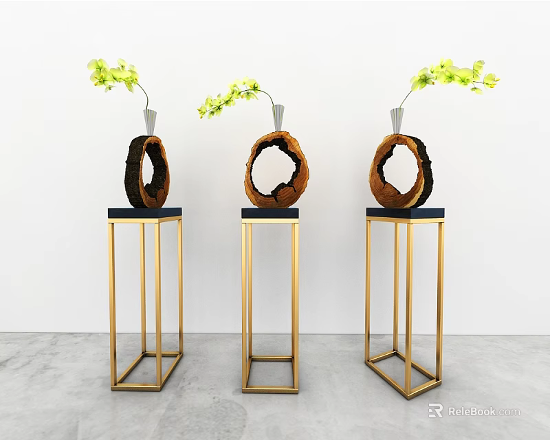 Elegant Wooden Ring Decorations On Golden Stands With Yellow Flower Branches 3d model 