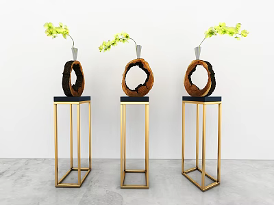 Elegant Wooden Ring Decorations On Golden Stands With Yellow Flower Branches 3d model