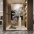 Modern Entryway Hallway Interior Design With Wooden Frame Marble Floor Decorative Plant Ornaments And Recessed Lighting