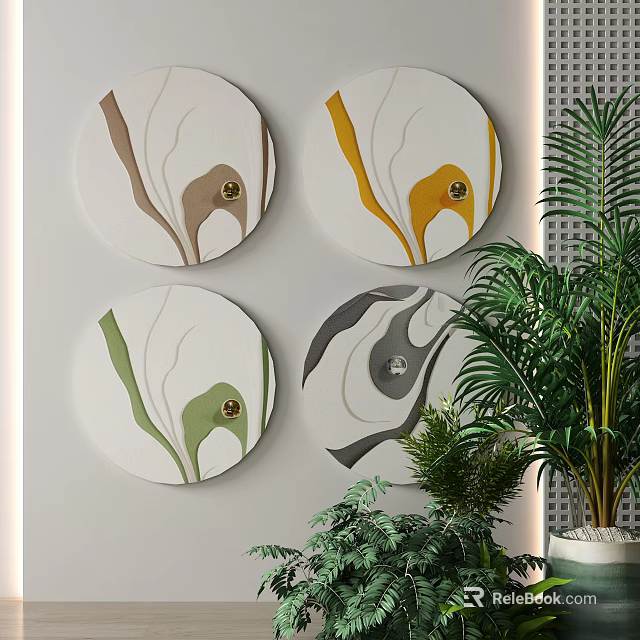 Round Frame Paintings With Abstract Multicolor Patterns And Green Plants On Wall 3d model