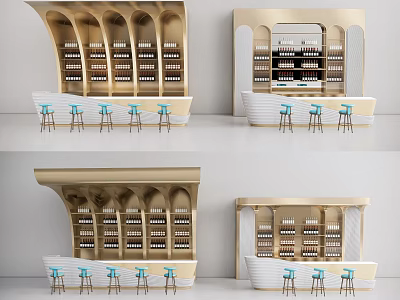 Modern Golden Curved Bar Counter With Wine Racks Bottles And Blue Bar Stools 3d model
