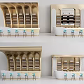 Modern Golden Curved Bar Counter With Wine Racks Bottles And Blue Bar Stools