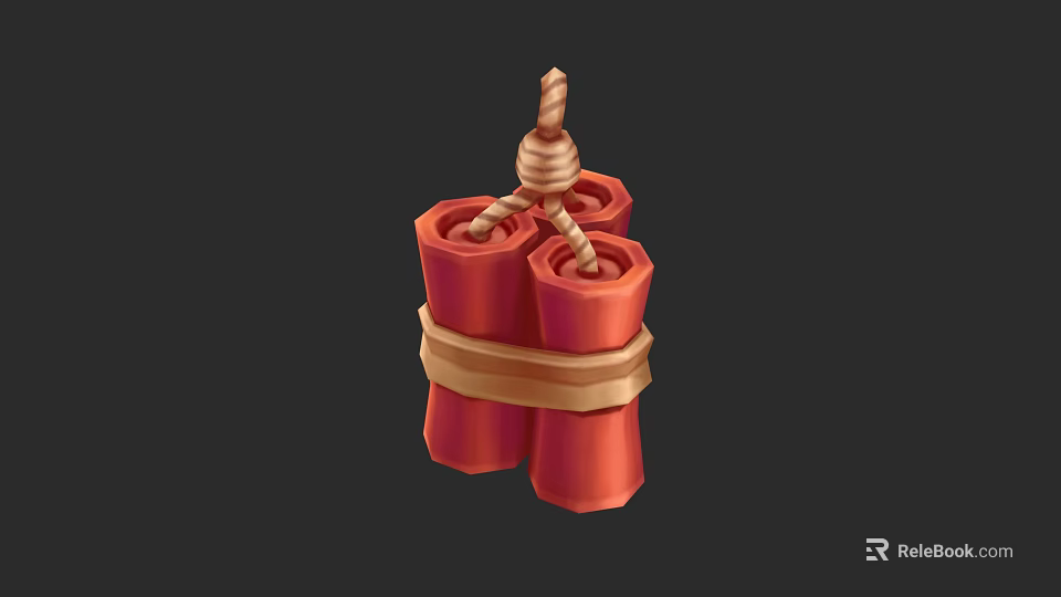 Red Cylindrical Firecrackers Bundled With Rope And Golden Ribbon Decoration 3d model 