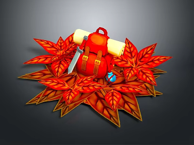 Cartoon Scene Featuring Red Backpack Yellow Scrolls Silver Knife And Red Maple Leaves 3d model