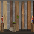 Wooden Log Pillars In Interior With Nutcrackers Green Plants And Decorative Items