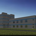 Blue And White Multi Story Industrial Factory Building With Lawn And Windows Under Blue Sky